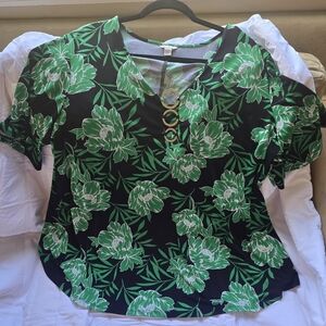 Cato Green Floral Blouse with Black Base